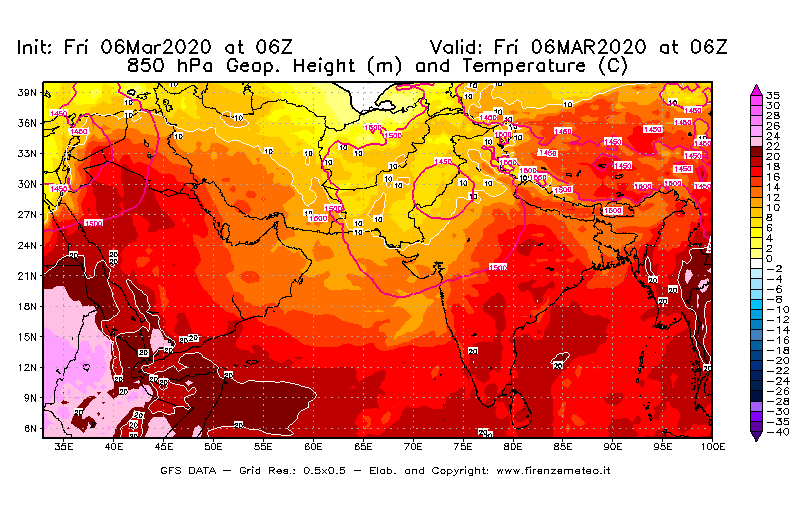 Mappa di analisi GFS - Geopotenziale [m] e Temperatura [°C] a 850 hPa in Asia Sud-Occidentale
									del 06/03/2020 06 <!--googleoff: index-->UTC<!--googleon: index-->