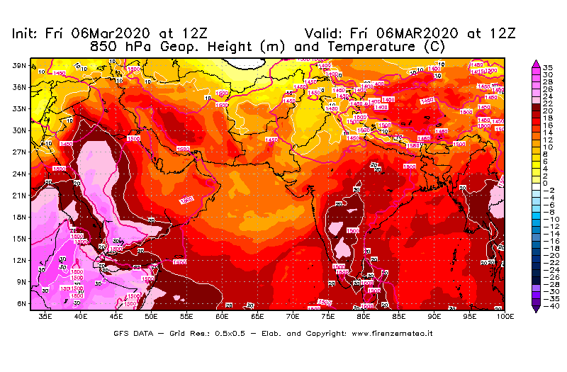 Mappa di analisi GFS - Geopotenziale [m] e Temperatura [°C] a 850 hPa in Asia Sud-Occidentale
									del 06/03/2020 12 <!--googleoff: index-->UTC<!--googleon: index-->