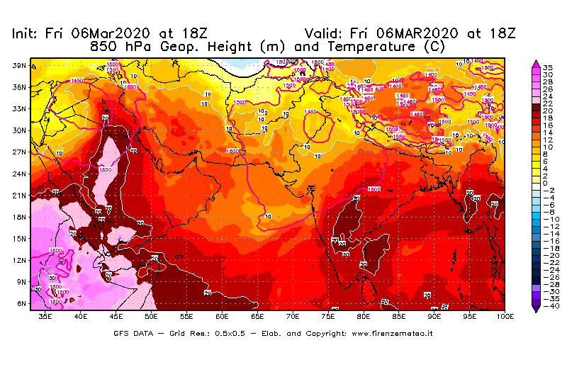 Mappa di analisi GFS - Geopotenziale [m] e Temperatura [°C] a 850 hPa in Asia Sud-Occidentale
							del 06/03/2020 18 <!--googleoff: index-->UTC<!--googleon: index-->