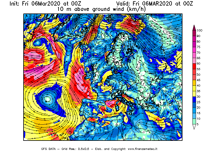Mappa di analisi GFS - Velocità del vento a 10 metri dal suolo [km/h] in Europa
									del 06/03/2020 00 <!--googleoff: index-->UTC<!--googleon: index-->