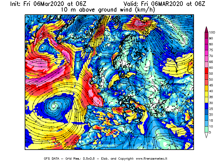 Mappa di analisi GFS - Velocità del vento a 10 metri dal suolo [km/h] in Europa
							del 06/03/2020 06 <!--googleoff: index-->UTC<!--googleon: index-->