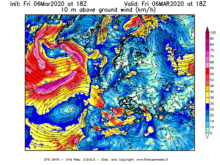 Mappa di analisi GFS - Velocità del vento a 10 metri dal suolo [km/h] in Europa
									del 06/03/2020 18 <!--googleoff: index-->UTC<!--googleon: index-->