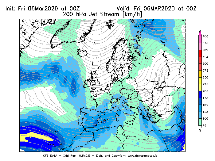 Mappa di analisi GFS - Jet Stream a 200 hPa in Europa
							del 06/03/2020 00 <!--googleoff: index-->UTC<!--googleon: index-->