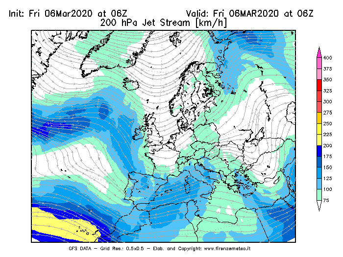 Mappa di analisi GFS - Jet Stream a 200 hPa in Europa
									del 06/03/2020 06 <!--googleoff: index-->UTC<!--googleon: index-->