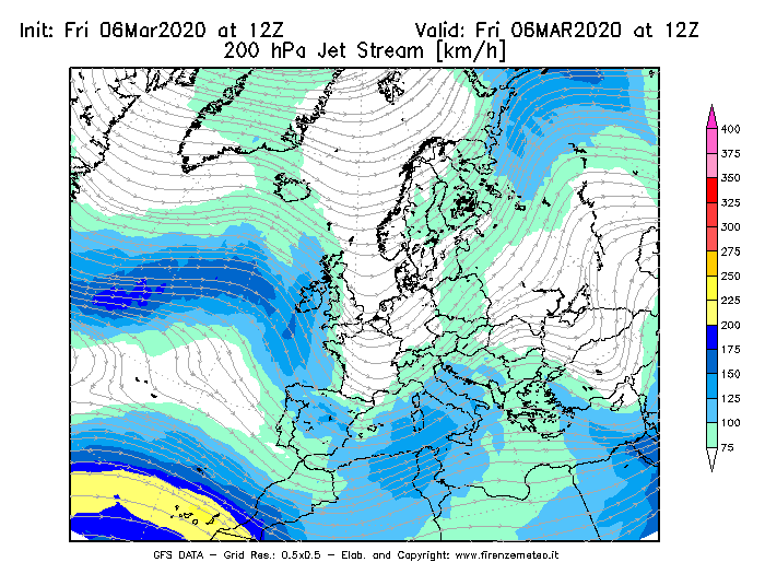 Mappa di analisi GFS - Jet Stream a 200 hPa in Europa
							del 06/03/2020 12 <!--googleoff: index-->UTC<!--googleon: index-->