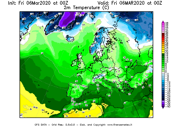 Mappa di analisi GFS - Temperatura a 2 metri dal suolo [°C] in Europa
							del 06/03/2020 00 <!--googleoff: index-->UTC<!--googleon: index-->