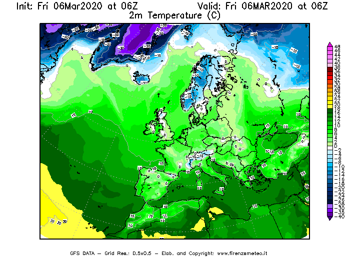 Mappa di analisi GFS - Temperatura a 2 metri dal suolo [°C] in Europa
							del 06/03/2020 06 <!--googleoff: index-->UTC<!--googleon: index-->