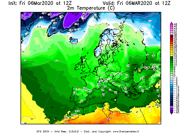 Mappa di analisi GFS - Temperatura a 2 metri dal suolo [°C] in Europa
									del 06/03/2020 12 <!--googleoff: index-->UTC<!--googleon: index-->
