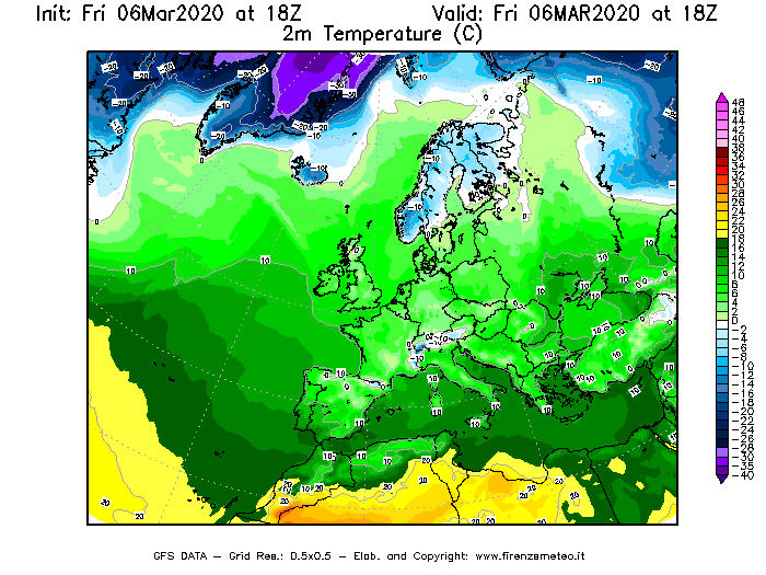 Mappa di analisi GFS - Temperatura a 2 metri dal suolo [°C] in Europa
									del 06/03/2020 18 <!--googleoff: index-->UTC<!--googleon: index-->