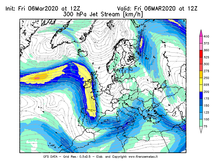 Mappa di analisi GFS - Jet Stream a 300 hPa in Europa
							del 06/03/2020 12 <!--googleoff: index-->UTC<!--googleon: index-->