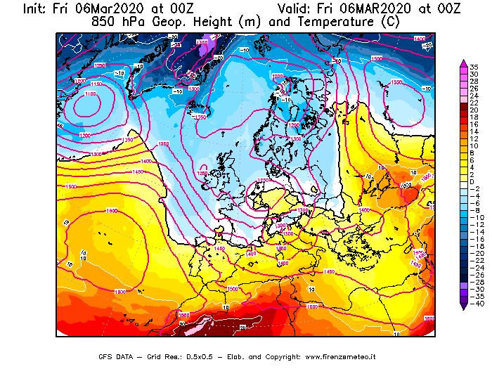 Mappa di analisi GFS - Geopotenziale [m] e Temperatura [°C] a 850 hPa in Europa
							del 06/03/2020 00 <!--googleoff: index-->UTC<!--googleon: index-->