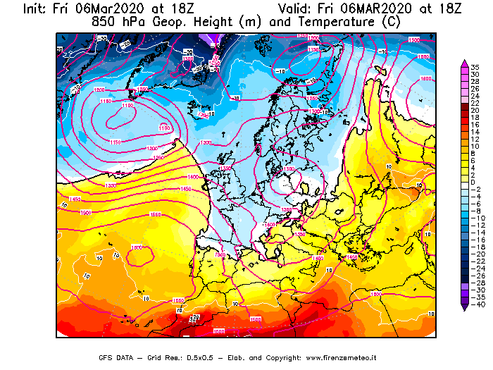 Mappa di analisi GFS - Geopotenziale [m] e Temperatura [°C] a 850 hPa in Europa
									del 06/03/2020 18 <!--googleoff: index-->UTC<!--googleon: index-->
