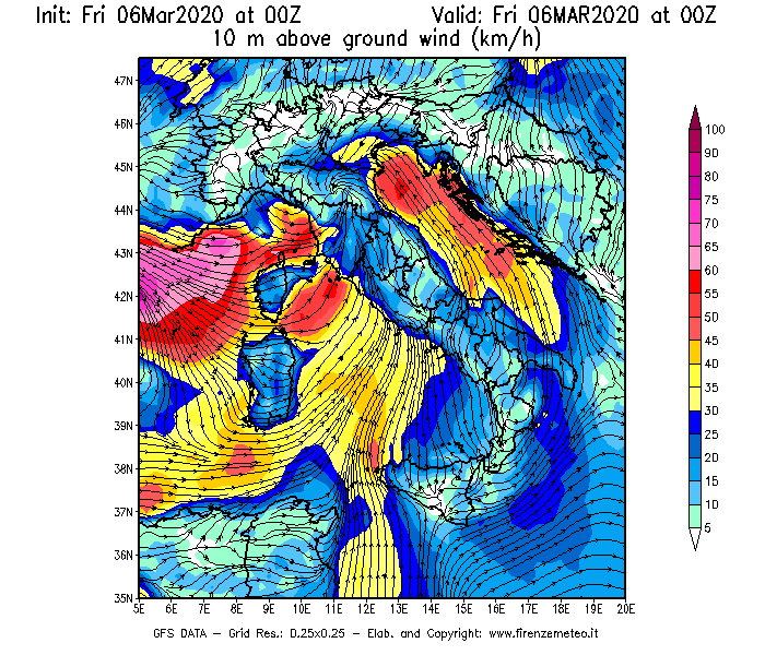Mappa di analisi GFS - Velocità del vento a 10 metri dal suolo [km/h] in Italia
							del 06/03/2020 00 <!--googleoff: index-->UTC<!--googleon: index-->