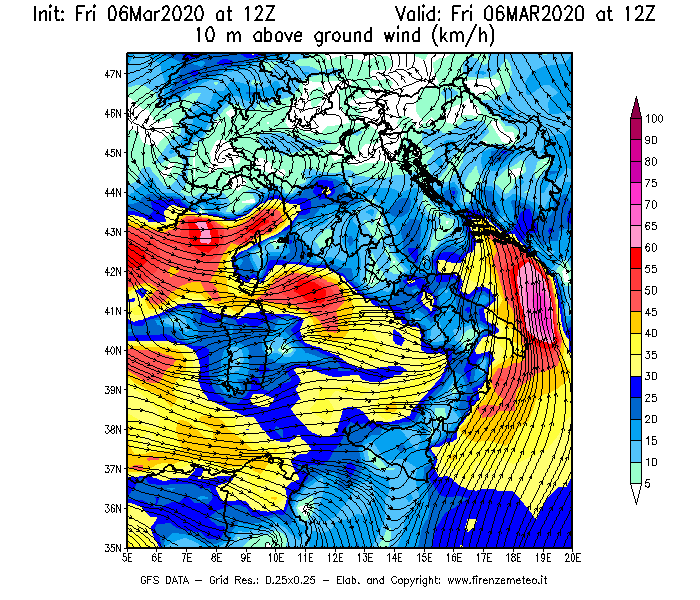 Mappa di analisi GFS - Velocità del vento a 10 metri dal suolo [km/h] in Italia
									del 06/03/2020 12 <!--googleoff: index-->UTC<!--googleon: index-->