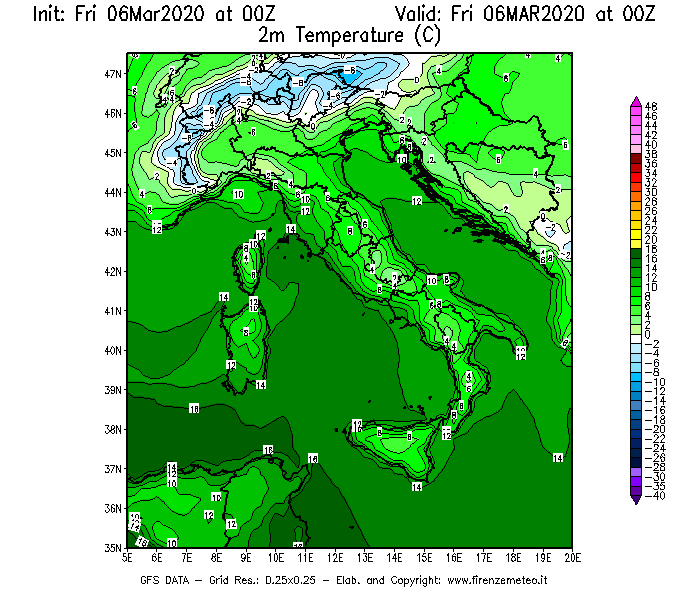 Mappa di analisi GFS - Temperatura a 2 metri dal suolo [°C] in Italia
							del 06/03/2020 00 <!--googleoff: index-->UTC<!--googleon: index-->