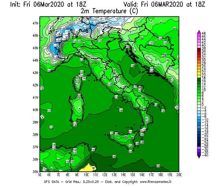 Mappa di analisi GFS - Temperatura a 2 metri dal suolo [°C] in Italia
							del 06/03/2020 18 <!--googleoff: index-->UTC<!--googleon: index-->