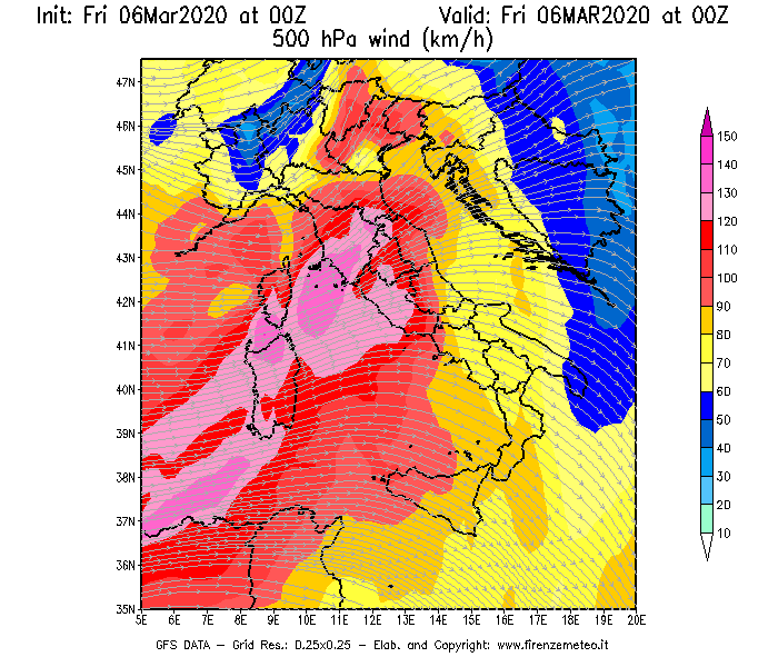 Mappa di analisi GFS - Velocità del vento a 500 hPa [km/h] in Italia
									del 06/03/2020 00 <!--googleoff: index-->UTC<!--googleon: index-->