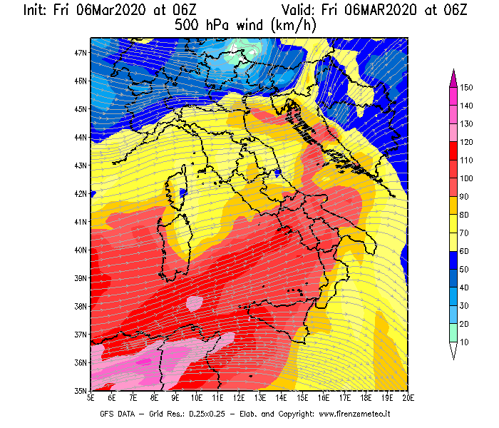 Mappa di analisi GFS - Velocità del vento a 500 hPa [km/h] in Italia
									del 06/03/2020 06 <!--googleoff: index-->UTC<!--googleon: index-->