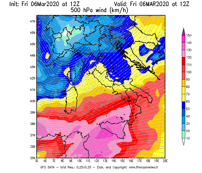 Mappa di analisi GFS - Velocità del vento a 500 hPa [km/h] in Italia
							del 06/03/2020 12 <!--googleoff: index-->UTC<!--googleon: index-->