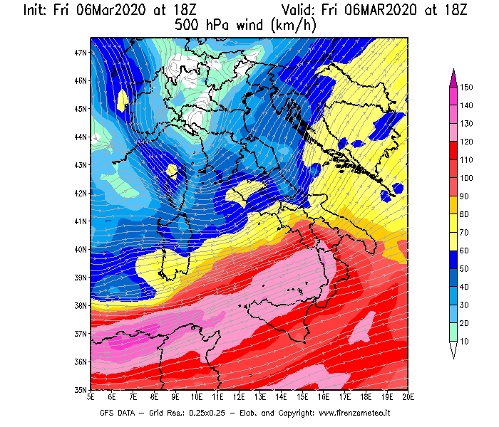 Mappa di analisi GFS - Velocità del vento a 500 hPa [km/h] in Italia
							del 06/03/2020 18 <!--googleoff: index-->UTC<!--googleon: index-->