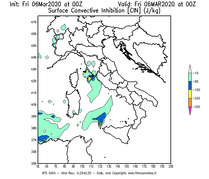 Mappa di analisi GFS - CIN [J/kg] in Italia
									del 06/03/2020 00 <!--googleoff: index-->UTC<!--googleon: index-->