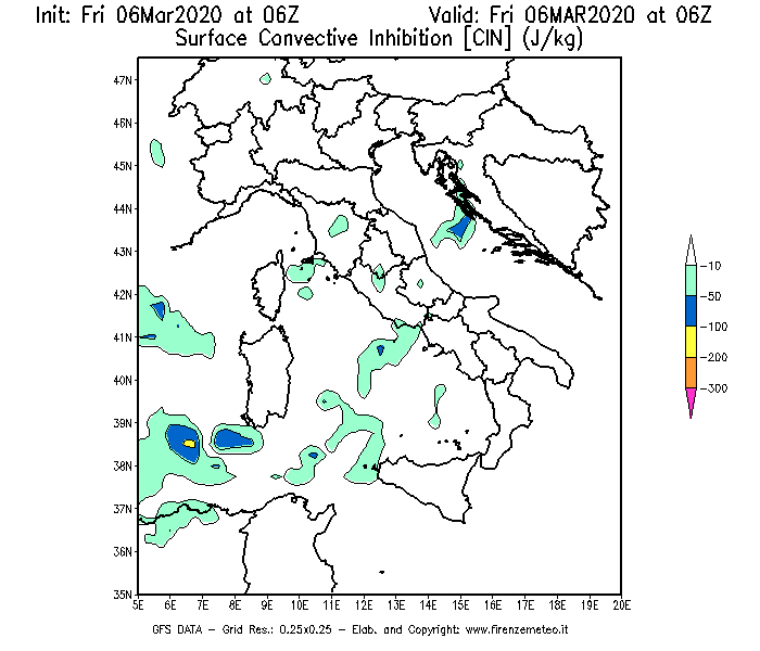 Mappa di analisi GFS - CIN [J/kg] in Italia
									del 06/03/2020 06 <!--googleoff: index-->UTC<!--googleon: index-->