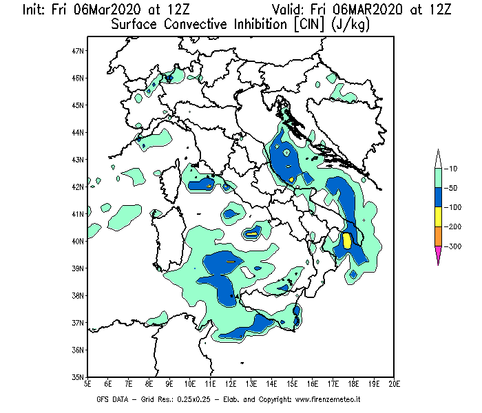 Mappa di analisi GFS - CIN [J/kg] in Italia
							del 06/03/2020 12 <!--googleoff: index-->UTC<!--googleon: index-->