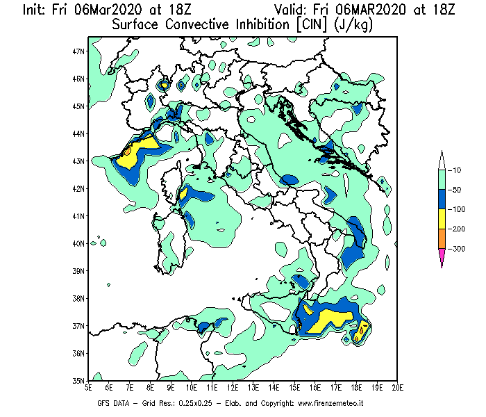 Mappa di analisi GFS - CIN [J/kg] in Italia
							del 06/03/2020 18 <!--googleoff: index-->UTC<!--googleon: index-->