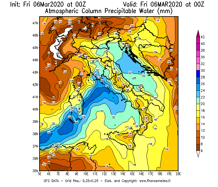 Mappa di analisi GFS - Precipitable Water [mm] in Italia
							del 06/03/2020 00 <!--googleoff: index-->UTC<!--googleon: index-->