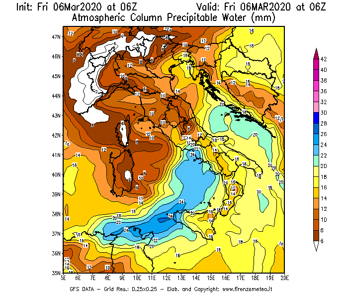 Mappa di analisi GFS - Precipitable Water [mm] in Italia
							del 06/03/2020 06 <!--googleoff: index-->UTC<!--googleon: index-->