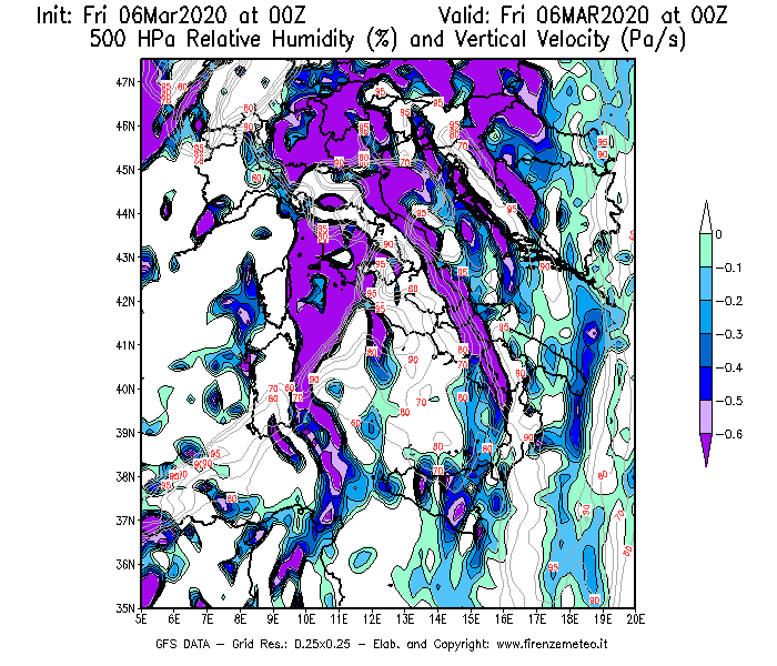 Mappa di analisi GFS - Umidità relativa [%] e Omega [Pa/s] a 500 hPa in Italia
							del 06/03/2020 00 <!--googleoff: index-->UTC<!--googleon: index-->