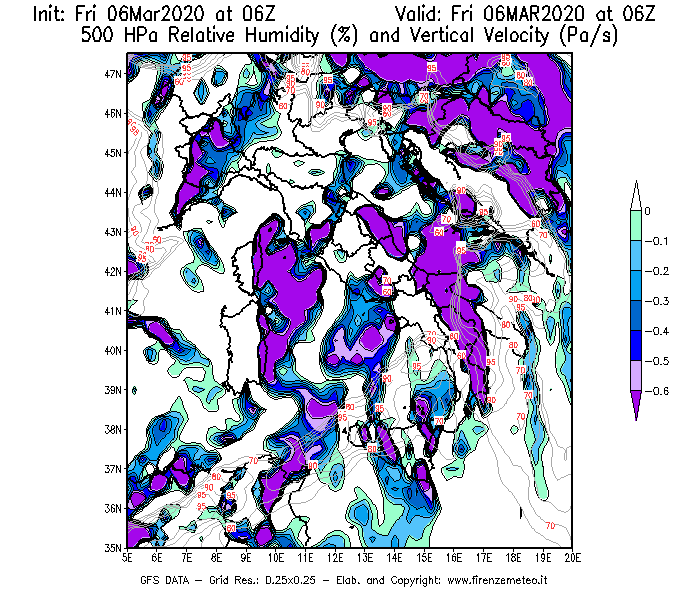 Mappa di analisi GFS - Umidità relativa [%] e Omega [Pa/s] a 500 hPa in Italia
									del 06/03/2020 06 <!--googleoff: index-->UTC<!--googleon: index-->