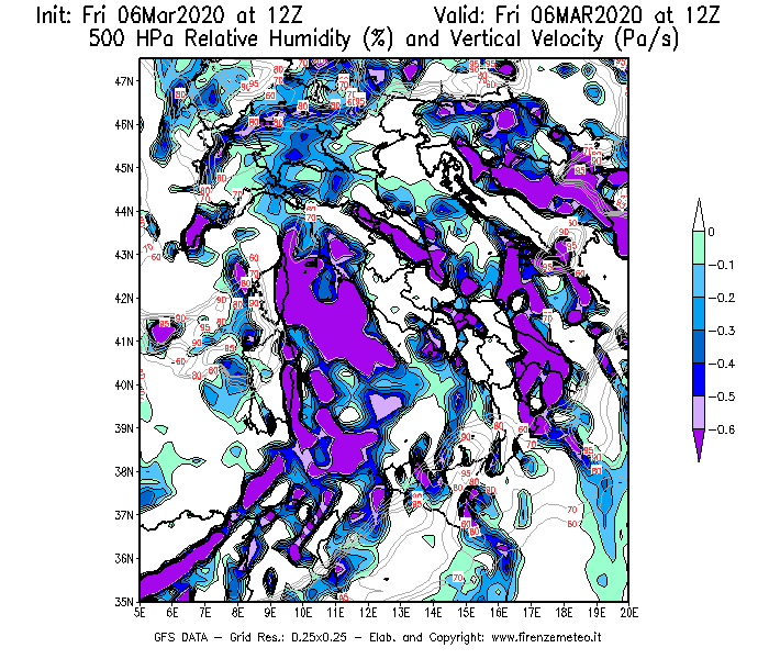 Mappa di analisi GFS - Umidità relativa [%] e Omega [Pa/s] a 500 hPa in Italia
									del 06/03/2020 12 <!--googleoff: index-->UTC<!--googleon: index-->