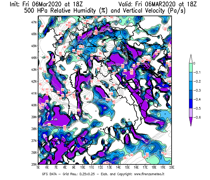 Mappa di analisi GFS - Umidità relativa [%] e Omega [Pa/s] a 500 hPa in Italia
									del 06/03/2020 18 <!--googleoff: index-->UTC<!--googleon: index-->