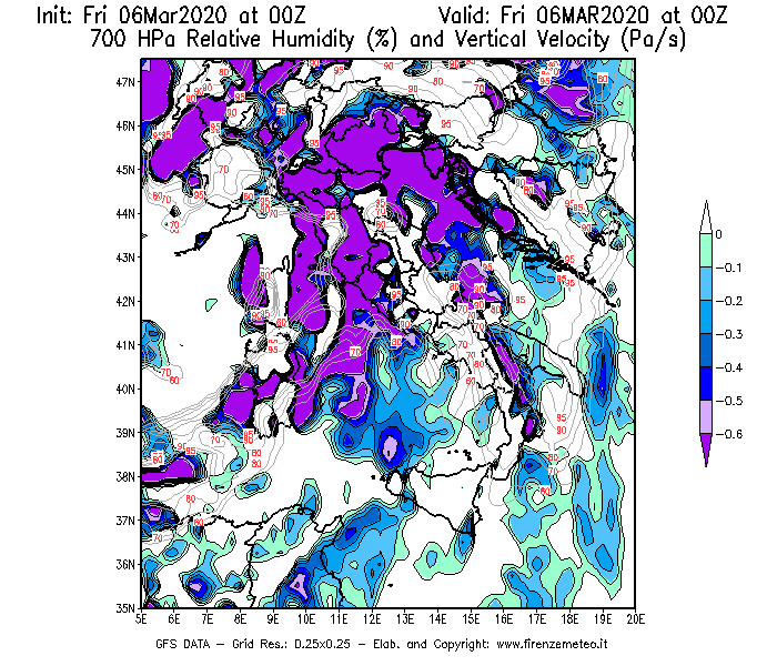 Mappa di analisi GFS - Umidità relativa [%] e Omega [Pa/s] a 700 hPa in Italia
									del 06/03/2020 00 <!--googleoff: index-->UTC<!--googleon: index-->