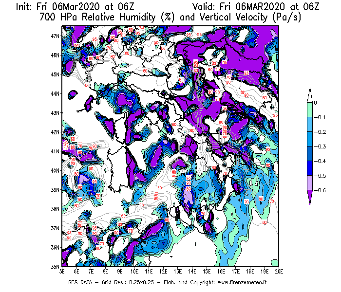 Mappa di analisi GFS - Umidità relativa [%] e Omega [Pa/s] a 700 hPa in Italia
							del 06/03/2020 06 <!--googleoff: index-->UTC<!--googleon: index-->
