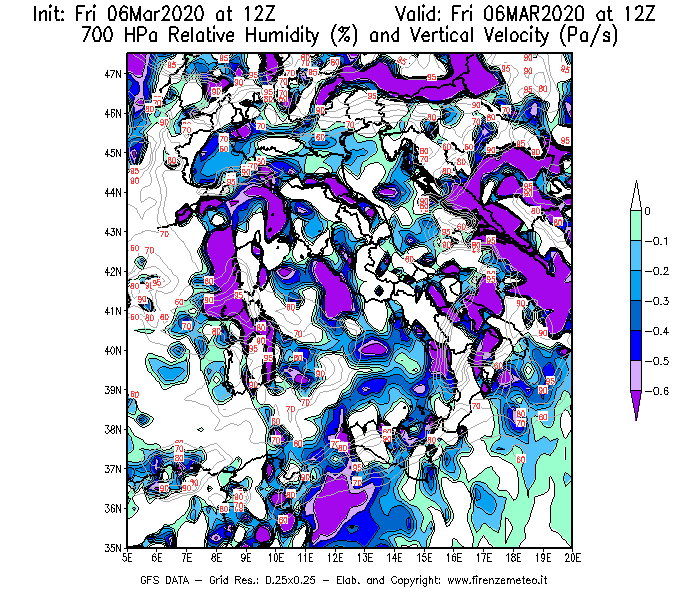 Mappa di analisi GFS - Umidità relativa [%] e Omega [Pa/s] a 700 hPa in Italia
									del 06/03/2020 12 <!--googleoff: index-->UTC<!--googleon: index-->