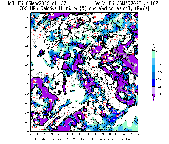 Mappa di analisi GFS - Umidità relativa [%] e Omega [Pa/s] a 700 hPa in Italia
							del 06/03/2020 18 <!--googleoff: index-->UTC<!--googleon: index-->