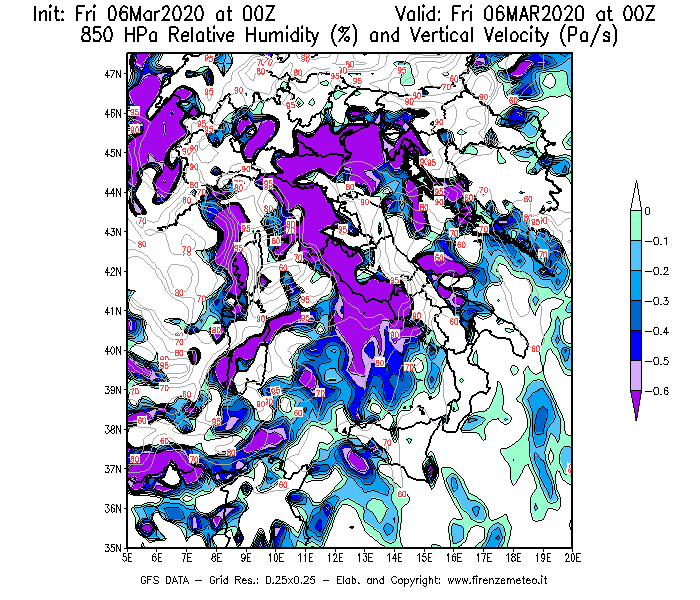 Mappa di analisi GFS - Umidità relativa [%] e Omega [Pa/s] a 850 hPa in Italia
									del 06/03/2020 00 <!--googleoff: index-->UTC<!--googleon: index-->