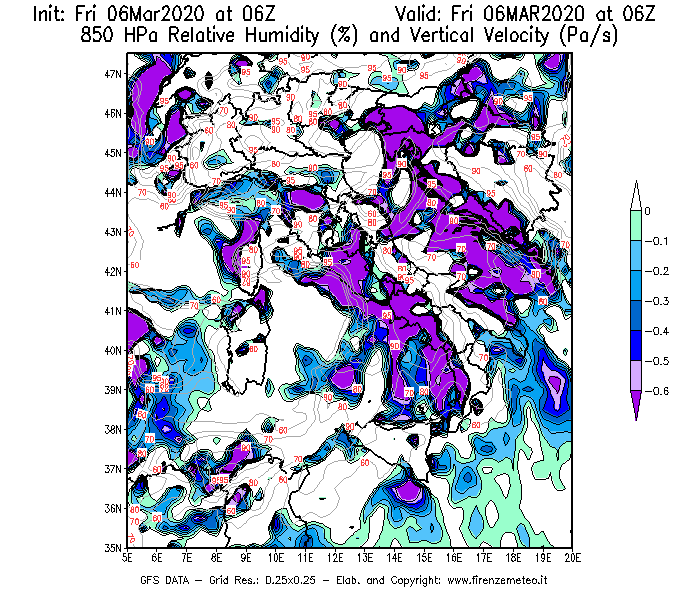 Mappa di analisi GFS - Umidità relativa [%] e Omega [Pa/s] a 850 hPa in Italia
							del 06/03/2020 06 <!--googleoff: index-->UTC<!--googleon: index-->