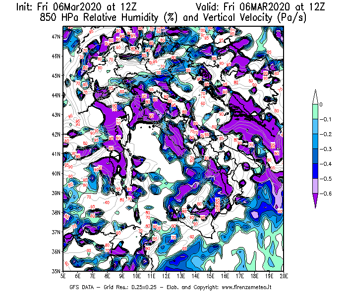 Mappa di analisi GFS - Umidità relativa [%] e Omega [Pa/s] a 850 hPa in Italia
							del 06/03/2020 12 <!--googleoff: index-->UTC<!--googleon: index-->