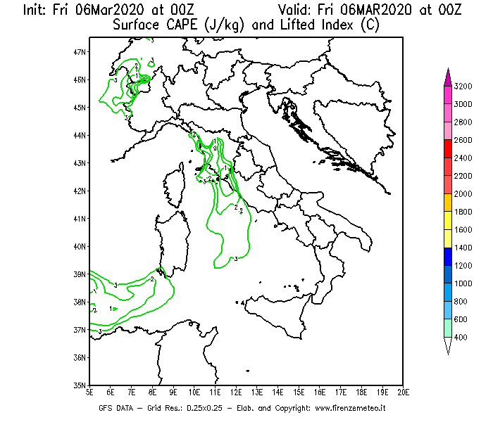 Mappa di analisi GFS - CAPE [J/kg] e Lifted Index [°C] in Italia
							del 06/03/2020 00 <!--googleoff: index-->UTC<!--googleon: index-->