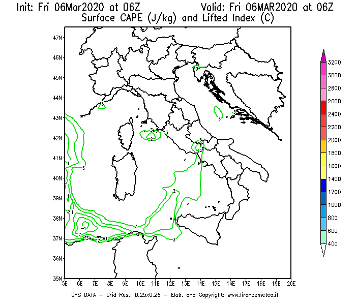 Mappa di analisi GFS - CAPE [J/kg] e Lifted Index [°C] in Italia
									del 06/03/2020 06 <!--googleoff: index-->UTC<!--googleon: index-->