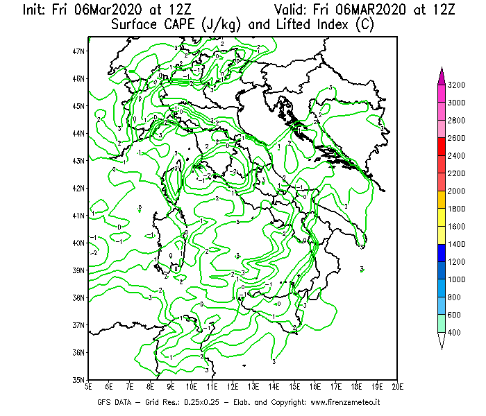 Mappa di analisi GFS - CAPE [J/kg] e Lifted Index [°C] in Italia
							del 06/03/2020 12 <!--googleoff: index-->UTC<!--googleon: index-->