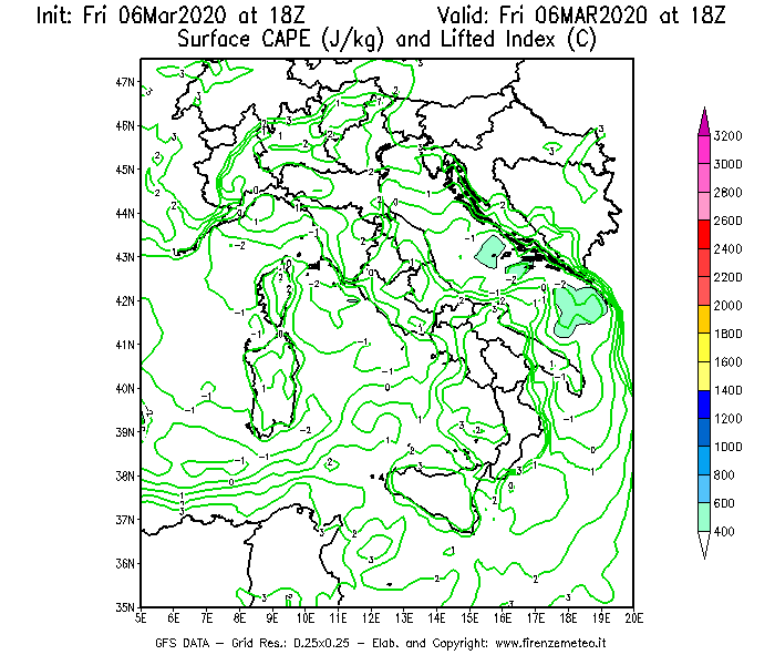 Mappa di analisi GFS - CAPE [J/kg] e Lifted Index [°C] in Italia
									del 06/03/2020 18 <!--googleoff: index-->UTC<!--googleon: index-->