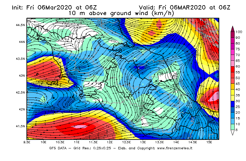 Mappa di analisi GFS - Velocità del vento a 10 metri dal suolo [km/h] in Centro-Italia
							del 06/03/2020 06 <!--googleoff: index-->UTC<!--googleon: index-->