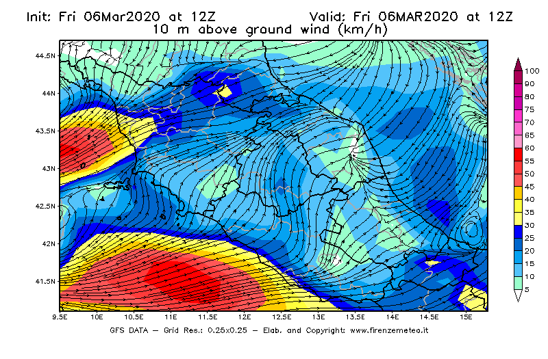 Mappa di analisi GFS - Velocità del vento a 10 metri dal suolo [km/h] in Centro-Italia
									del 06/03/2020 12 <!--googleoff: index-->UTC<!--googleon: index-->