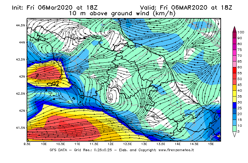 Mappa di analisi GFS - Velocità del vento a 10 metri dal suolo [km/h] in Centro-Italia
							del 06/03/2020 18 <!--googleoff: index-->UTC<!--googleon: index-->