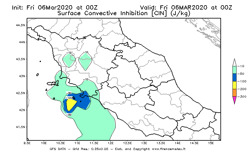 Mappa di analisi GFS - CIN [J/kg] in Centro-Italia
							del 06/03/2020 00 <!--googleoff: index-->UTC<!--googleon: index-->