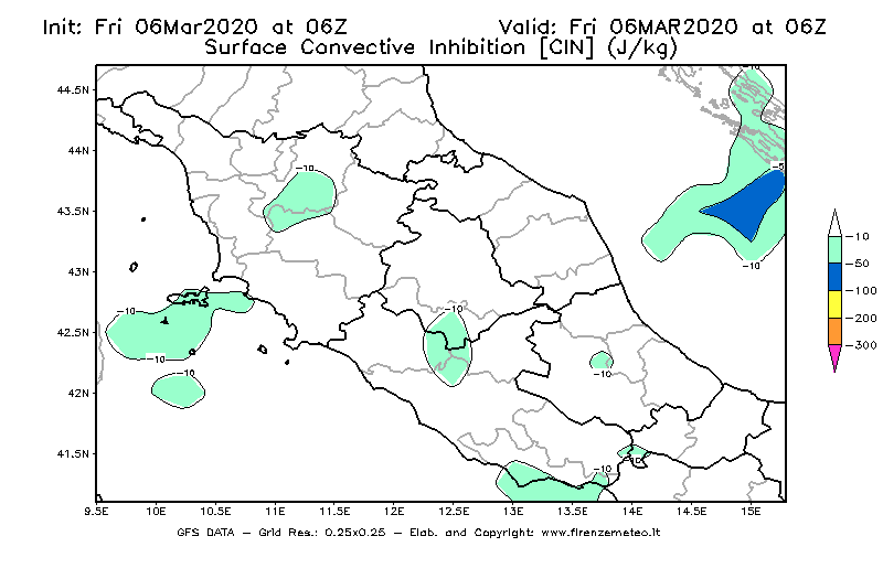 Mappa di analisi GFS - CIN [J/kg] in Centro-Italia
							del 06/03/2020 06 <!--googleoff: index-->UTC<!--googleon: index-->